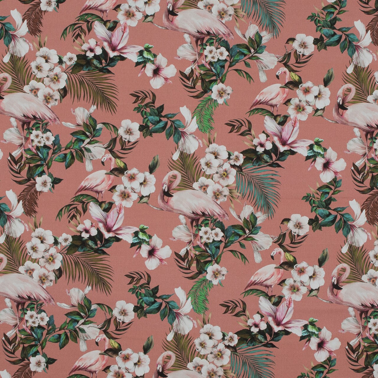 1 Yard Stretch Cotton Sateen Salmon Flamingos and Leaves Balance of Unity Print Fabric